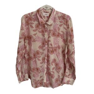 XiRENA Blouse Large Pink Floral Cotton Silk Button Front Long Sleeve Beau Top